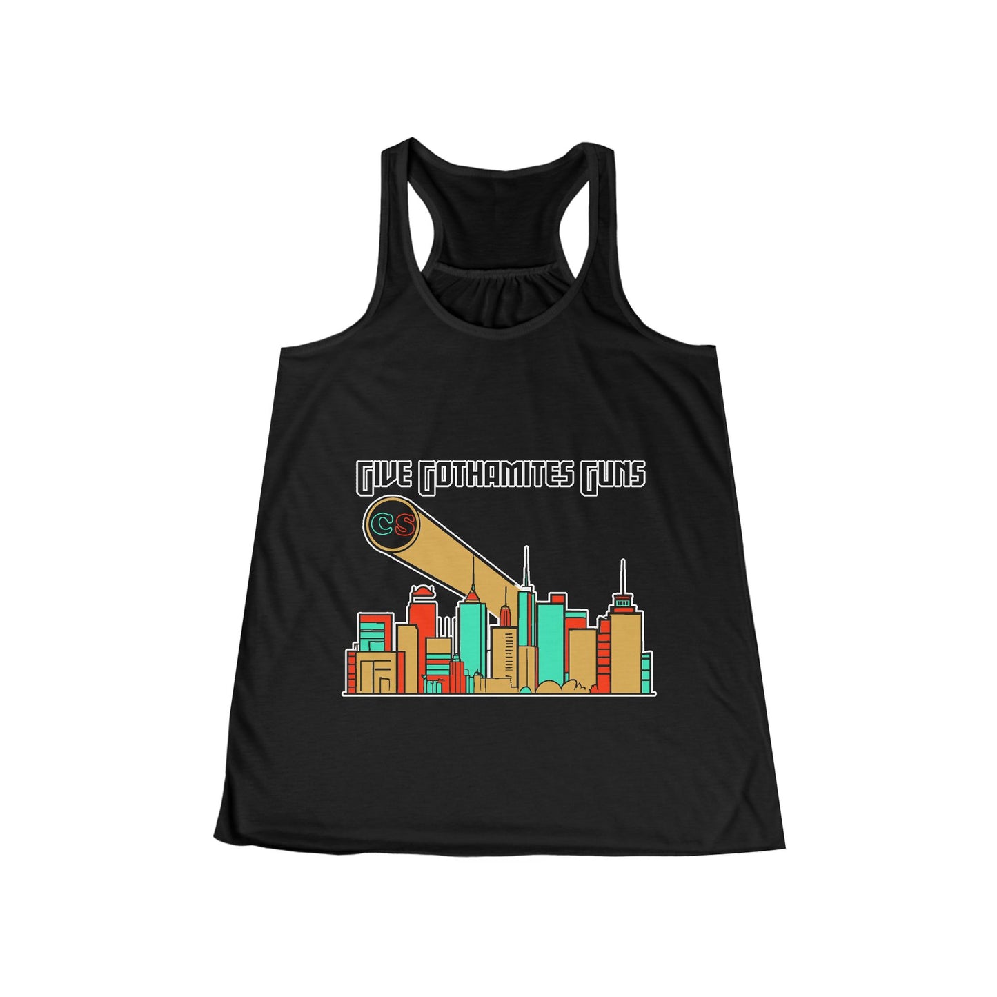 Give Gothamites Guns Women's Flowy Racerback Tank Cinema Siblings Episode Joker 2 - Anti-Anti-Hero (white lettering)