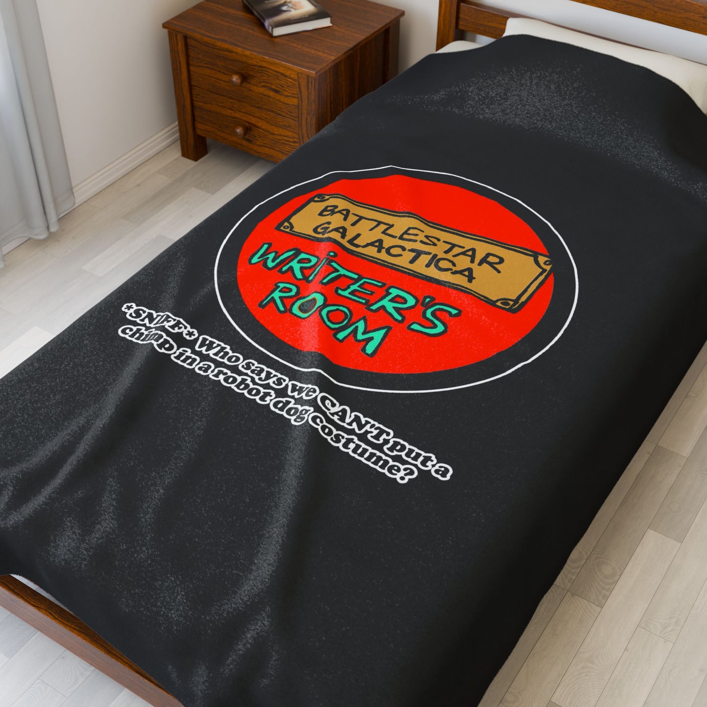 Writer's Room Snort Cinema Siblings Original Logo Velveteen Plush Blanket - BLACK - Battlestar Galactica - Starbuck versus Stardoe