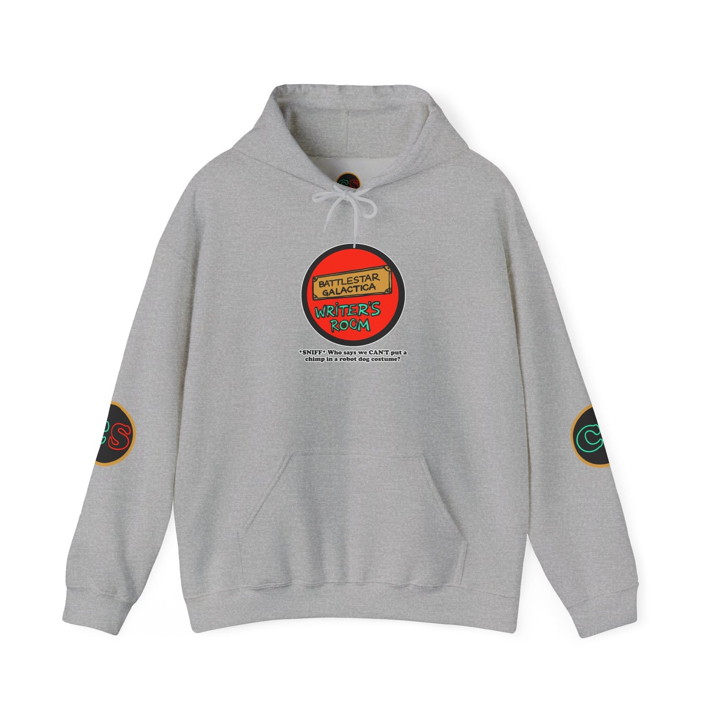 Writer's Room Snort Hoodie Hooded Sweatshirt Cinema Siblings Episode Battlestar Galactica - Starbuck versus Stardoe (white outline)