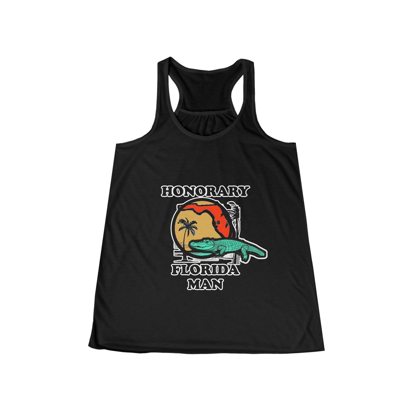 Honorary Florida Man Women's Flowy Racerback Tank Cinema Siblings Episode There Can Be No Road Warrior Without Mad Max (white lettering)