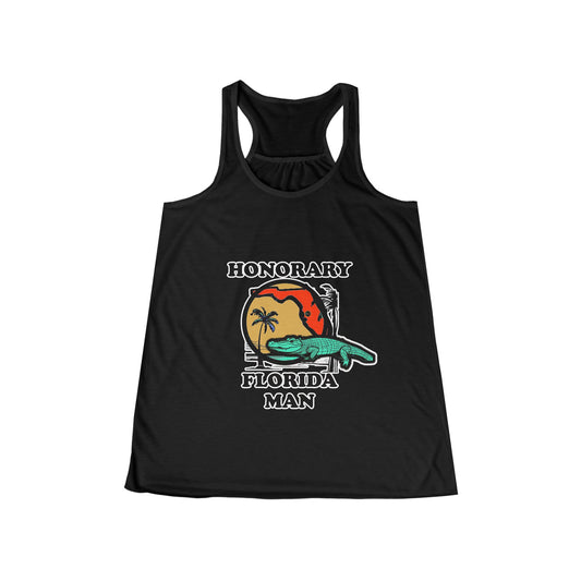 Honorary Florida Man Women's Flowy Racerback Tank Cinema Siblings Episode There Can Be No Road Warrior Without Mad Max (white lettering)