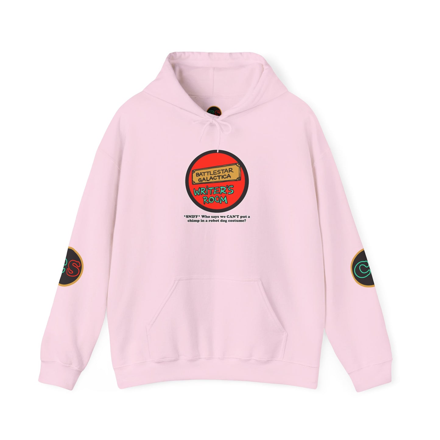 Writer's Room Snort Hoodie Hooded Sweatshirt Cinema Siblings Episode Battlestar Galactica - Starbuck versus Stardoe (white outline)