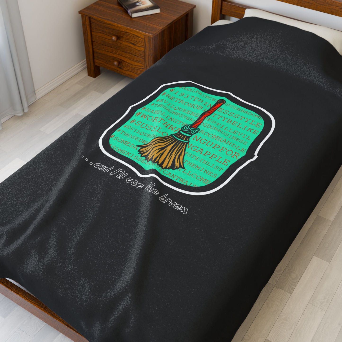 Snow White - Princess to Prop(paganda) Cinema Siblings Velveteen Plush Blanket - BLACK - and I'll Use the Broom