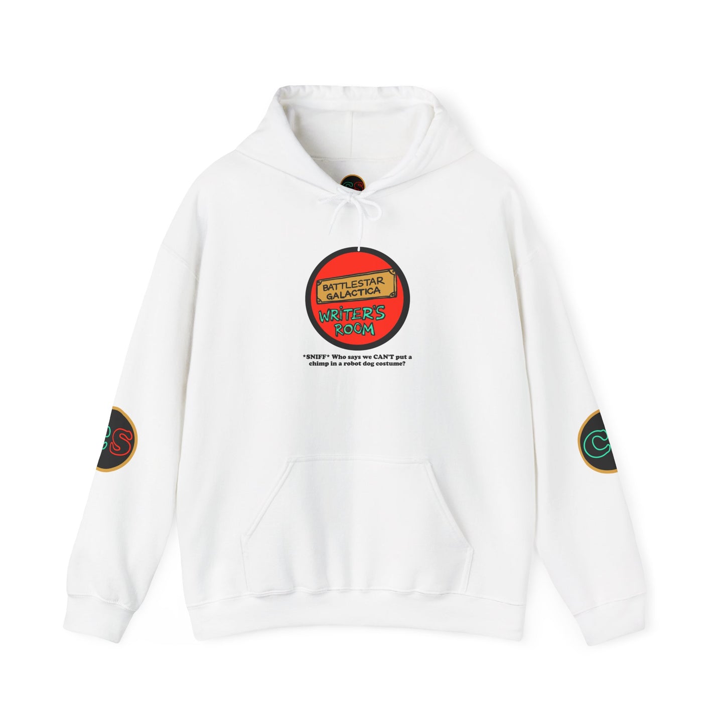 Writer's Room Snort Hoodie Hooded Sweatshirt Cinema Siblings Episode Battlestar Galactica - Starbuck versus Stardoe (white outline)